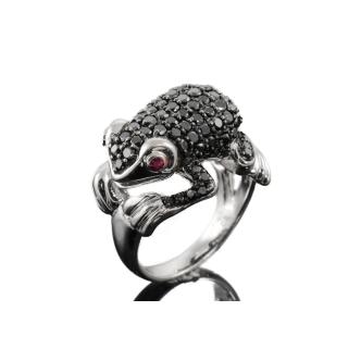 1.60ct Black Diamond and Ruby Frog Ring