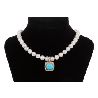 Pearl, Turquoise and Diamond Pendant
