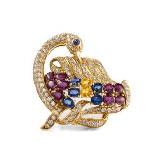 Sapphire, Ruby & Diamond Swan Brooch 18ct Gold 18.5g*