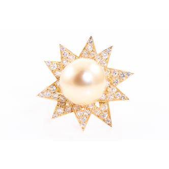 Golden South Sea Pearl & Diamond Ring 18ct Gold 9.9g*