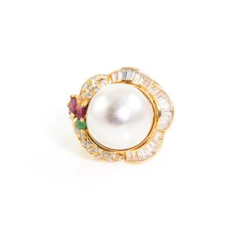 15mm Pearl, Emerald, Ruby & Diamond Ring