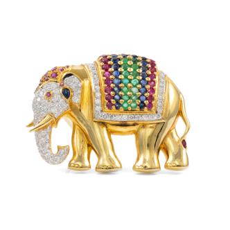 Multi-coloured Gemstone Elephant Brooch