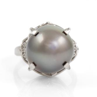 13.8mm Tahitian Pearl & Diamond Ring Platinum 11.3g*
