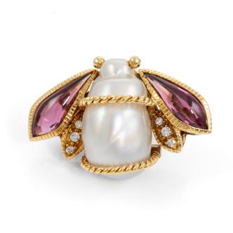 Pearl, Tourmaline, and Diamond Brooch