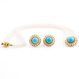 Blue Stone & Pearl Pendant and Earrings