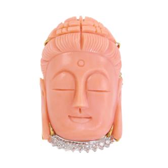 Carved Coral Guanyin Brooch